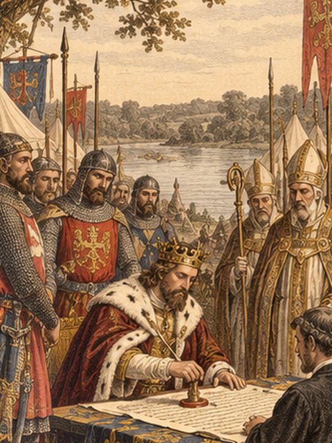 King John seals Magna Carta at Runnymede, surrounded by barons and bishops