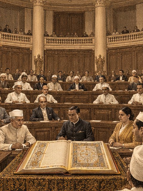 Members of India's assembly gather around the illuminated Constitution